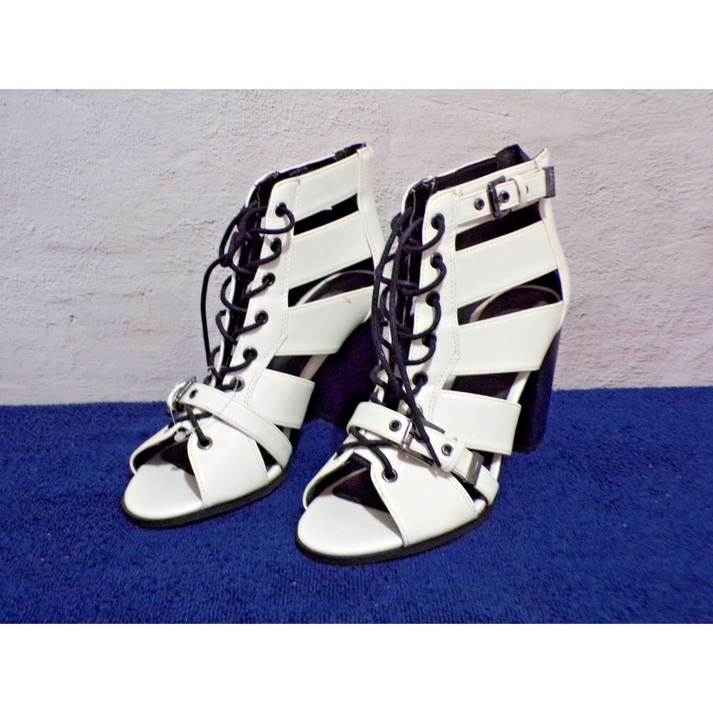 Guess White Lace Up, Zipper & Buckle 3" Heeled Boots Size 7.5 Excellent Cool !!!